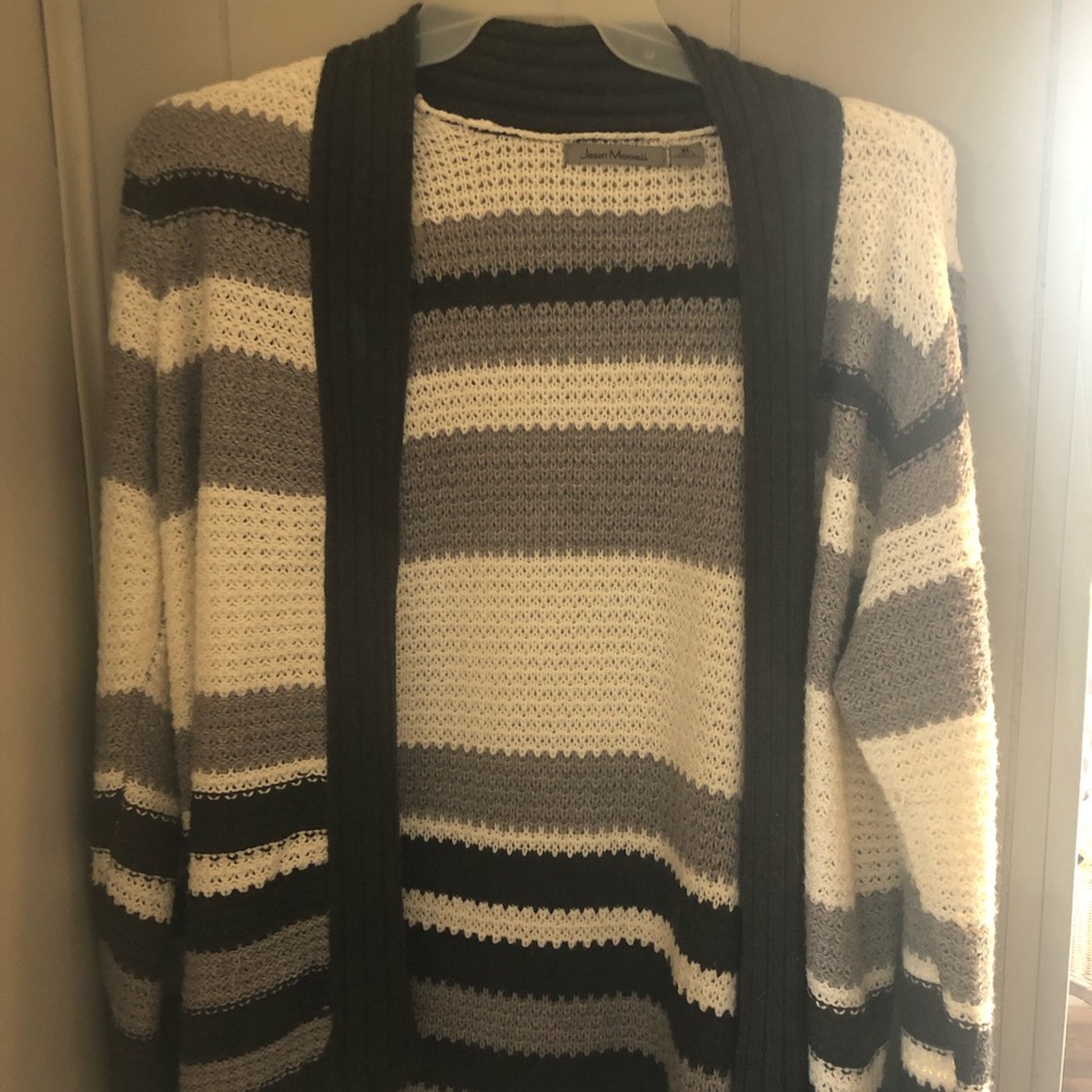 Black, gray, white stripe cardigan sweater XL